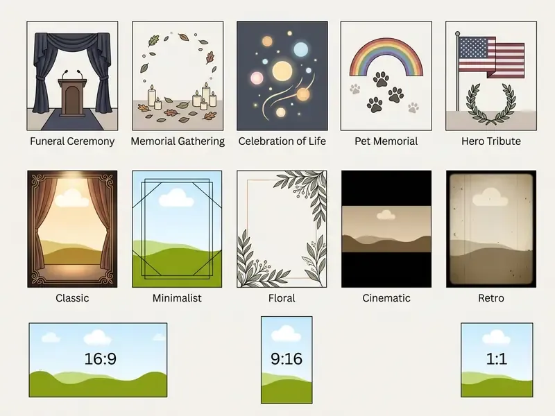Grid of icons representing tribute video categories, visual styles, and various aspect ratios