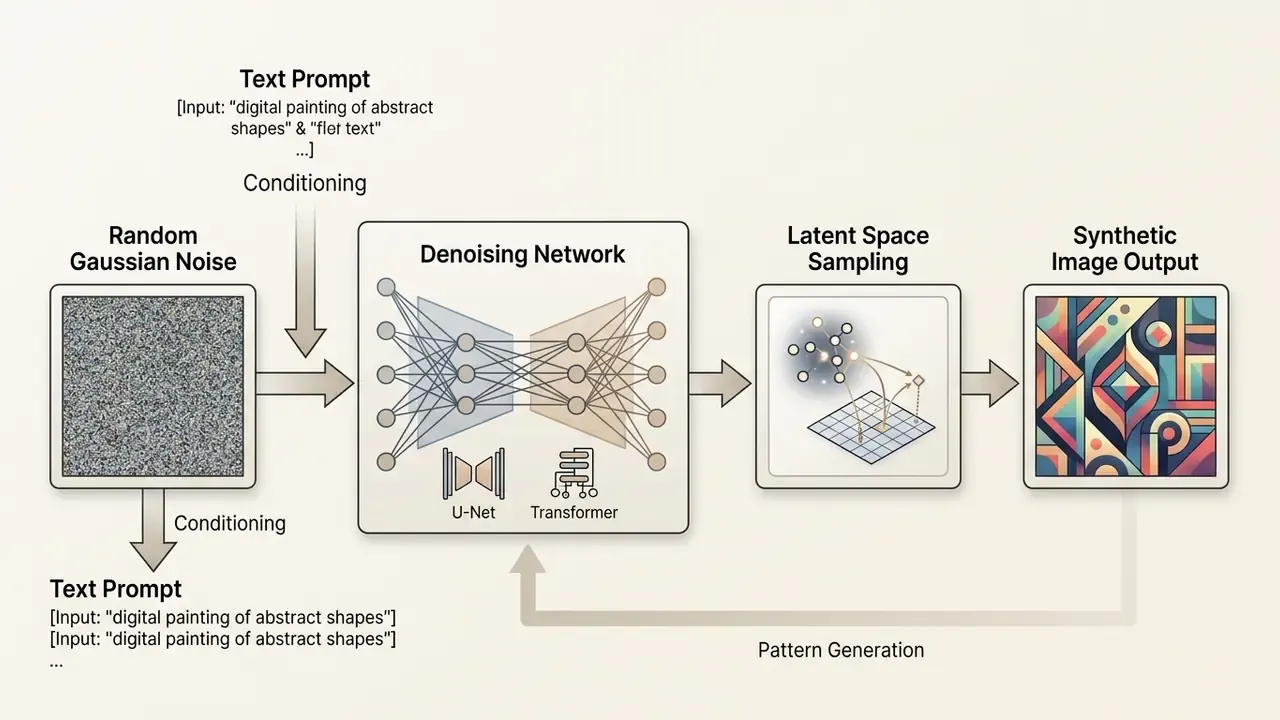 Diagram showing the step-by-step process of transforming random noise into a synthetic image via AI