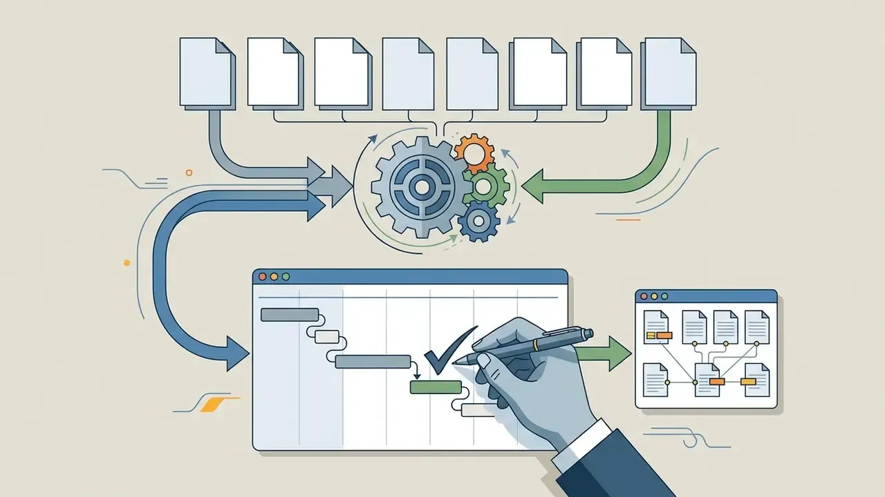 Source files moving through gears to a timeline where a hand marks events with a checkmark for final review