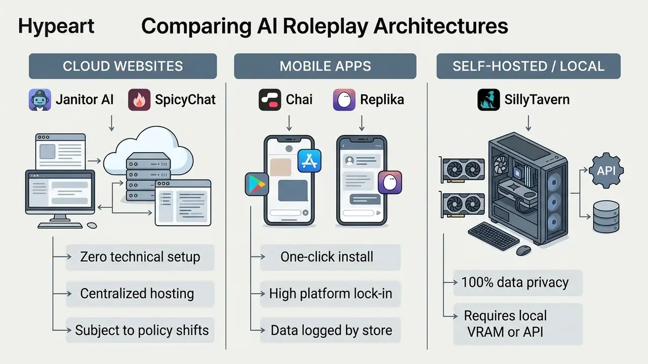 Diagram comparing cloud, mobile app, and self-hosted AI roleplay architectures by features and requirements