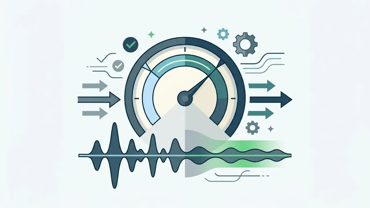 Audio waveform transitioning from jagged peaks to a smooth line under a circular loudness gauge