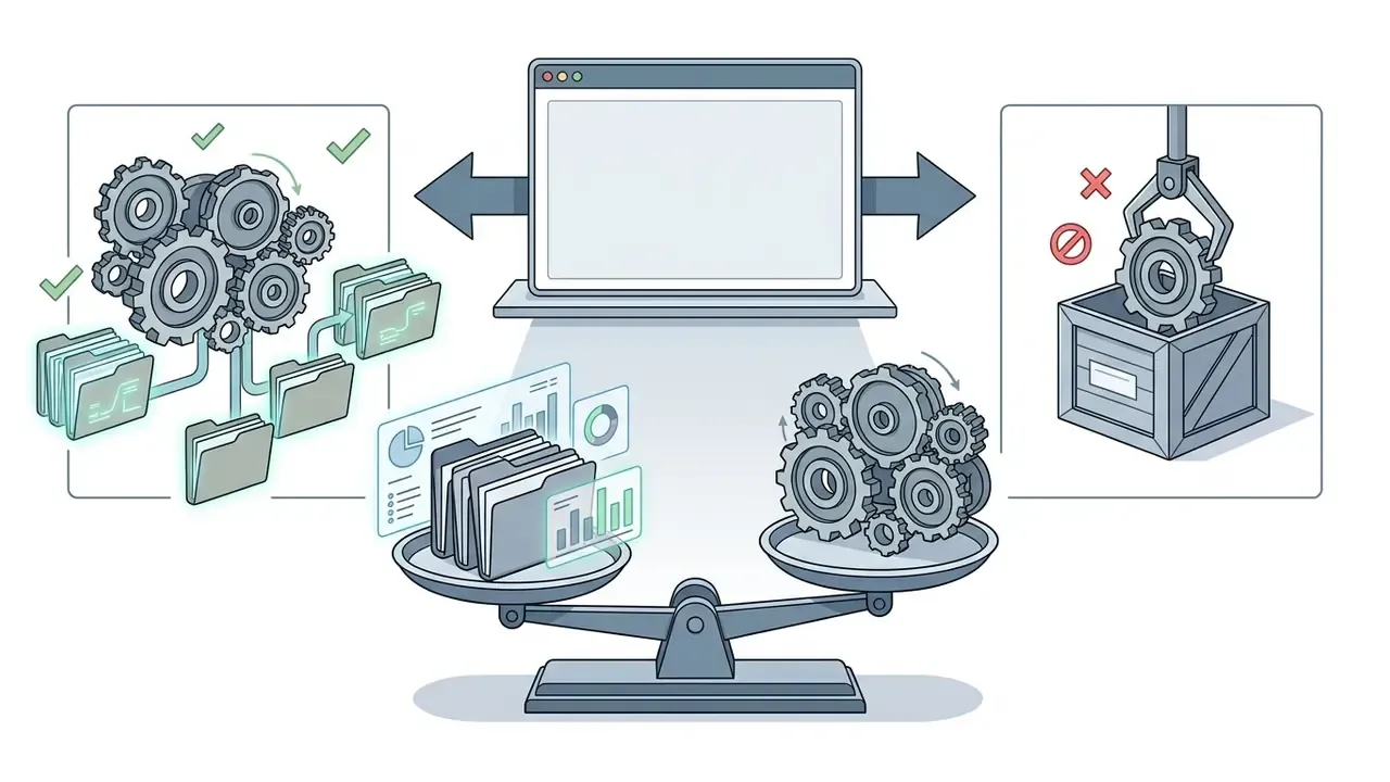 Folders and gears on a scale beneath a computer screen showing platform constraints and task management