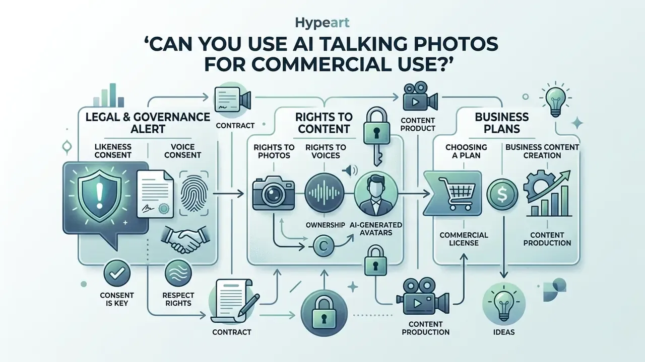 Flowchart outlining legal considerations, content rights, and business plans for commercial AI media