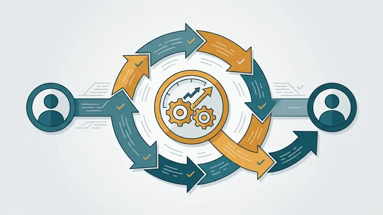 Circular arrows connecting two person icons around a central gauge with gears and an upward trend line