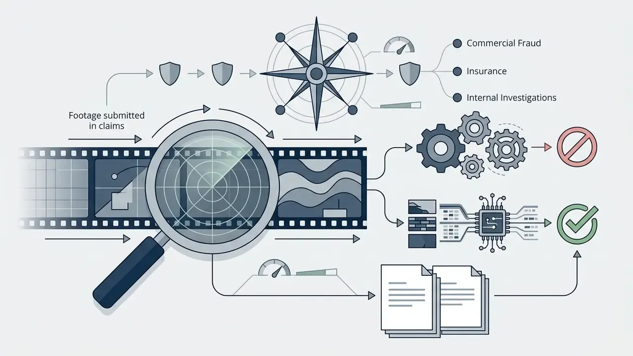 Film strip frames inspected by a magnifying glass and processed through gears and chips to verify claims