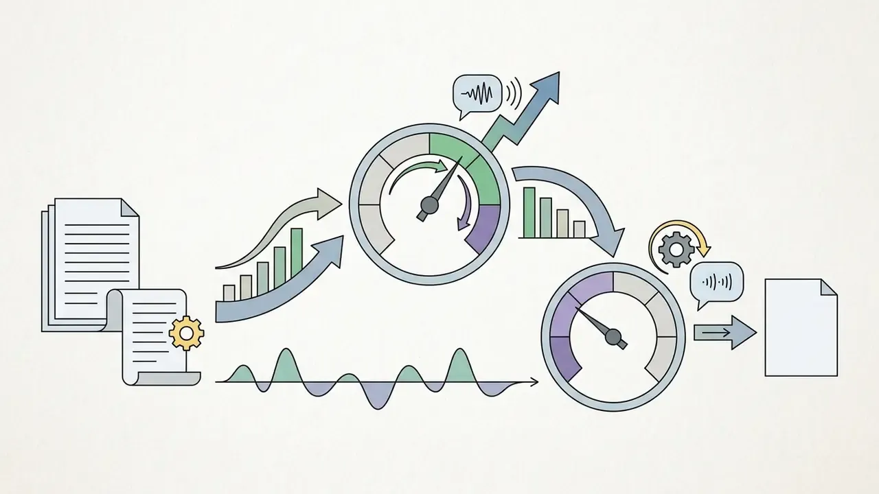 Two gauges and rising bar charts illustrating the adjustment of audio intonation and speech dynamics