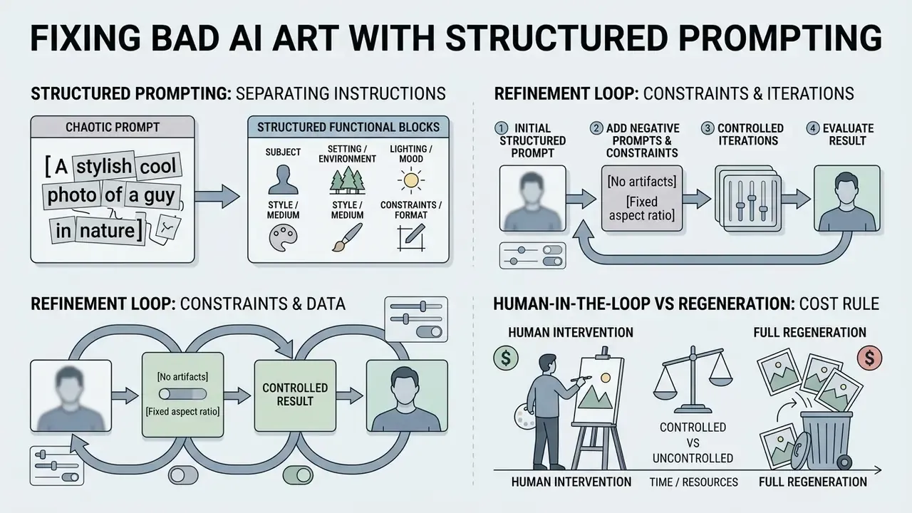 Infographic detailing structured prompting methods, refinement loops, and cost analysis for image generation