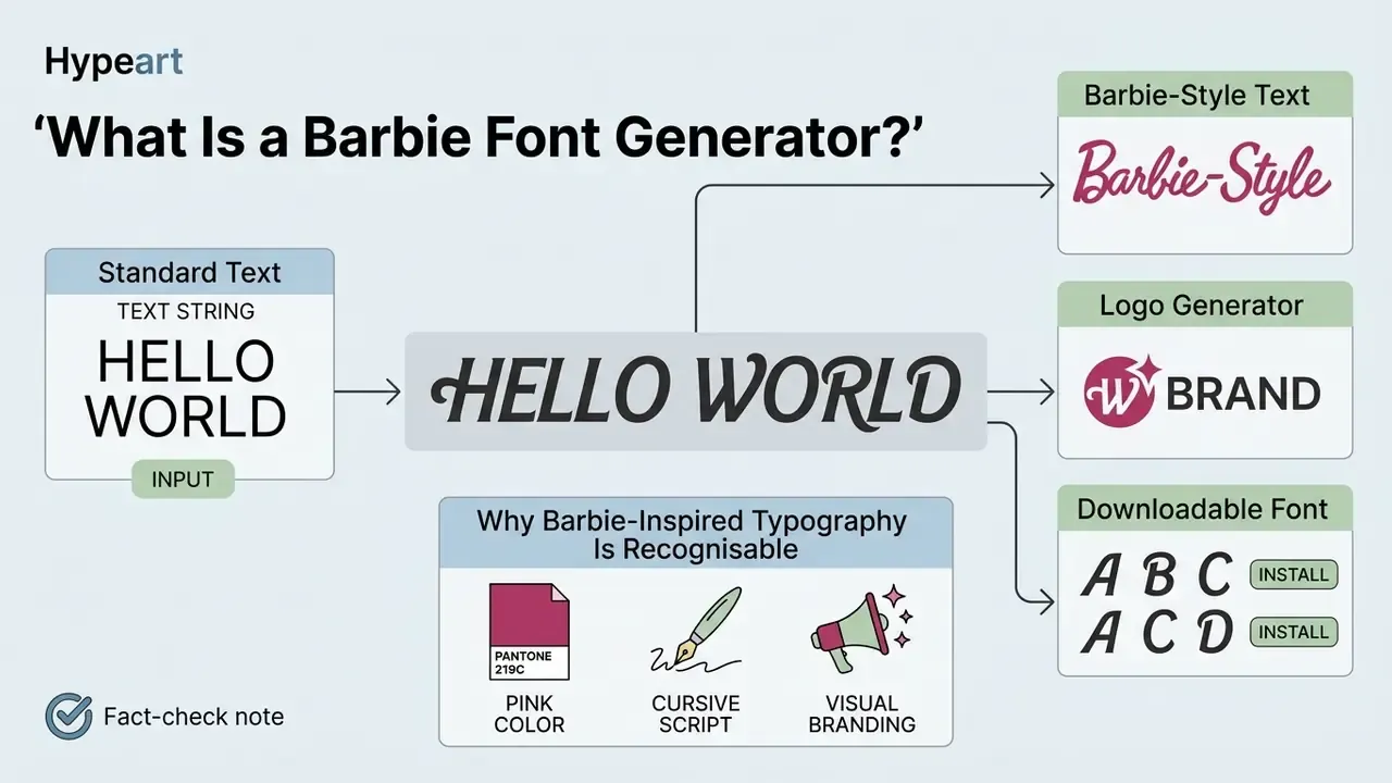 Flowchart showing how a Barbie font generator converts standard text into pink cursive logos and fonts