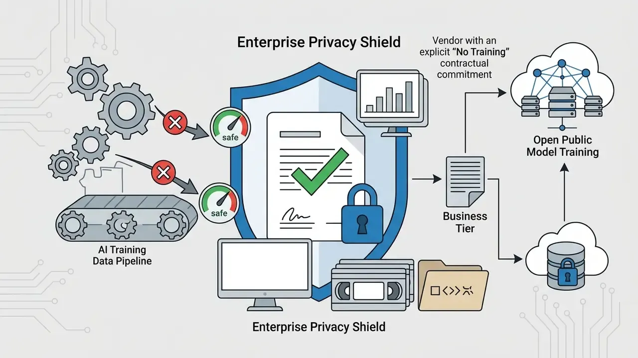 Shield icon protecting document and media assets from being diverted into public AI model training clouds