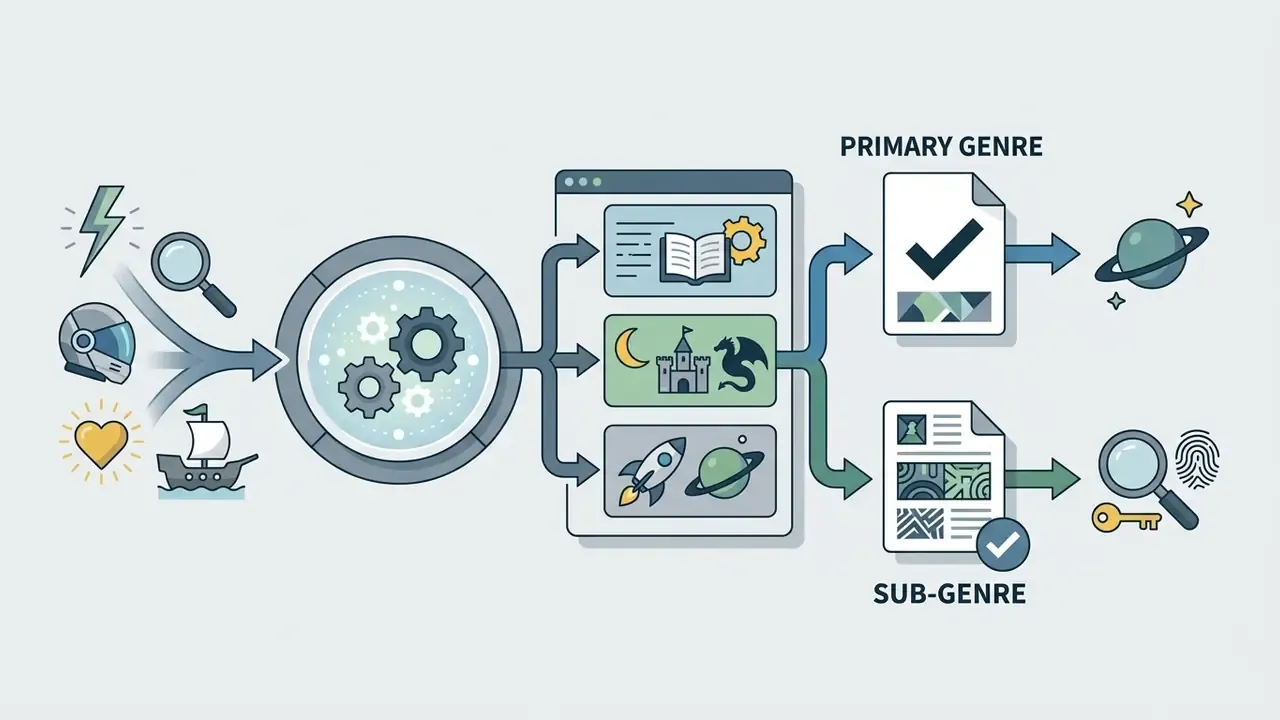 Icons of themes feeding into a gear mechanism that sorts content into primary and sub-genre categories