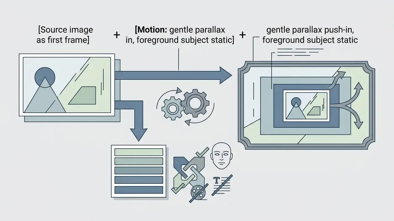 Source image and motion instructions feeding into a processing hub to create a parallax video effect