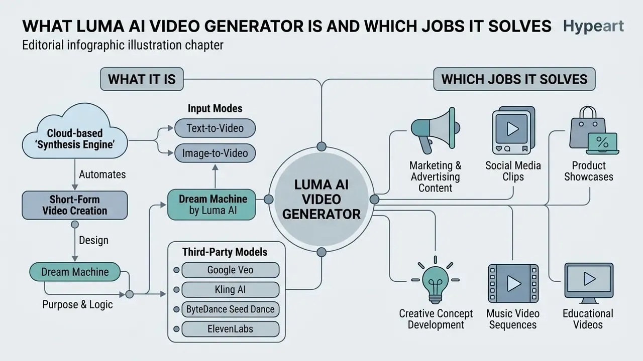 Infographic flowchart explaining Luma AI Video Generator functions, input modes, and use cases