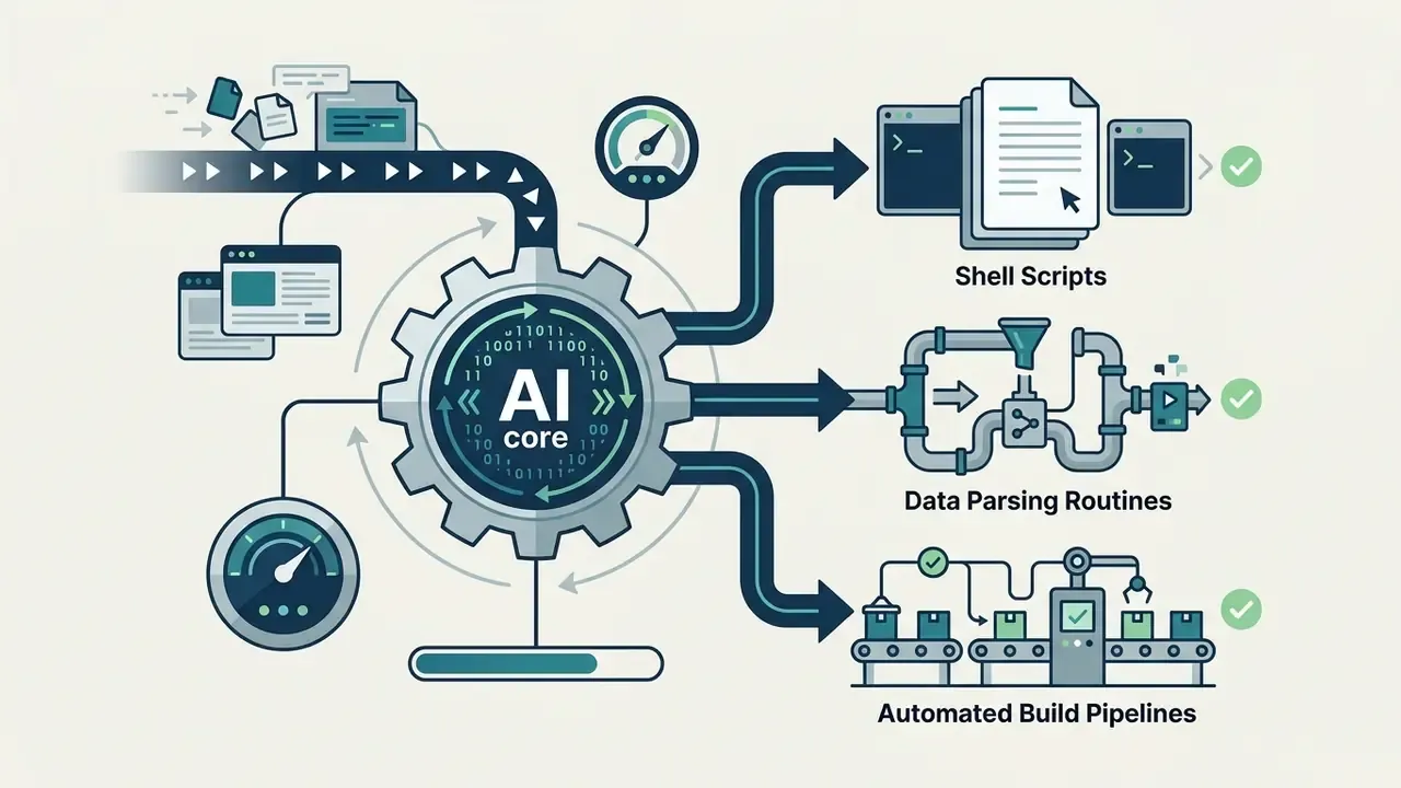 Central gear processing input into shell scripts, data parsing routines, and automated build pipelines