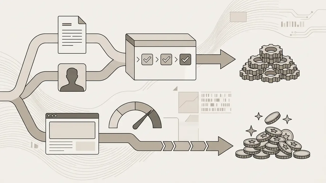 Document and avatar inputs feeding into a processing box and gear pile alongside web data and coin stacks