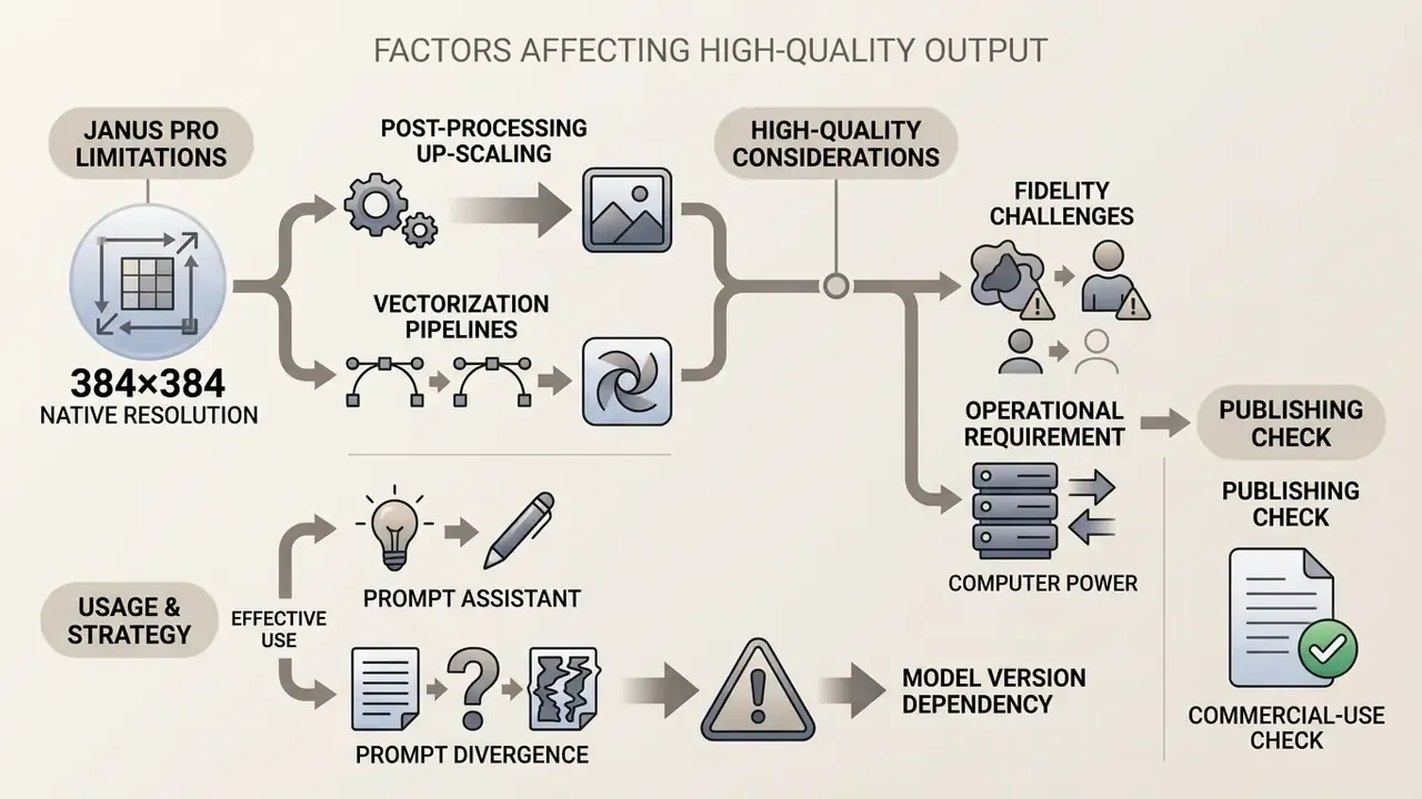 Flowchart detailing Janus Pro resolution limits, processing workflows, and operational quality challenges