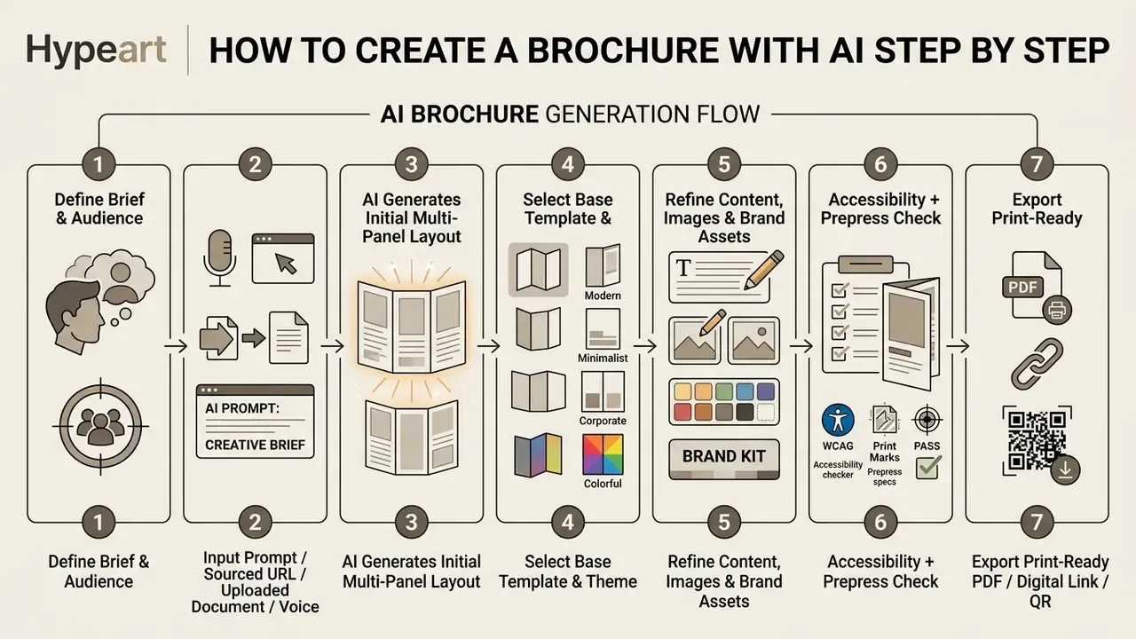 Flowchart outlining seven sequential steps for using an AI brochure maker from brief to final export