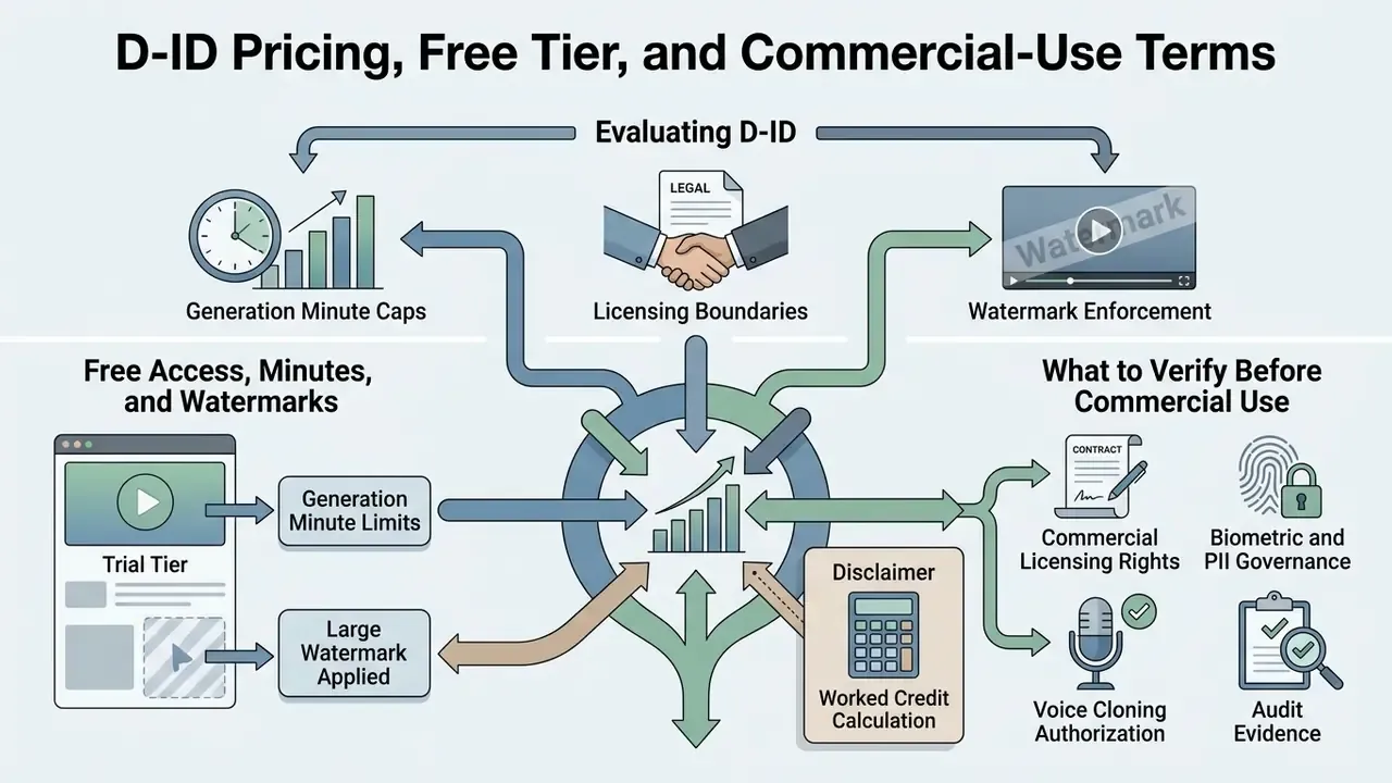 Central hub diagram connecting generation limits, legal licensing, and commercial use verification steps