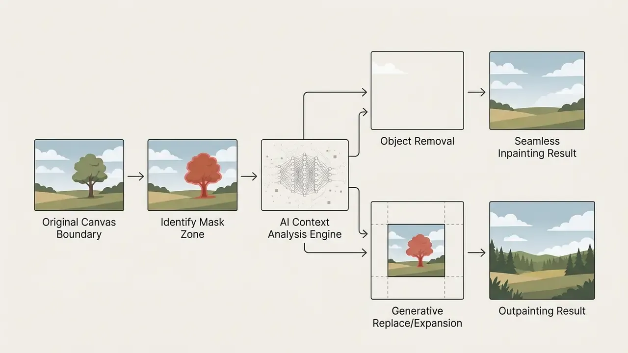 Flowchart showing AI analysis of a masked image area to generate seamless object removal or expansion