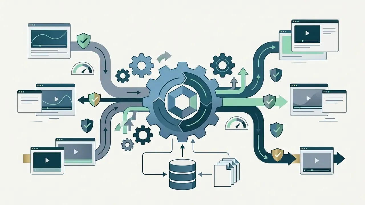 Video files and data documents feeding into a gear system that outputs branded clips with security icons