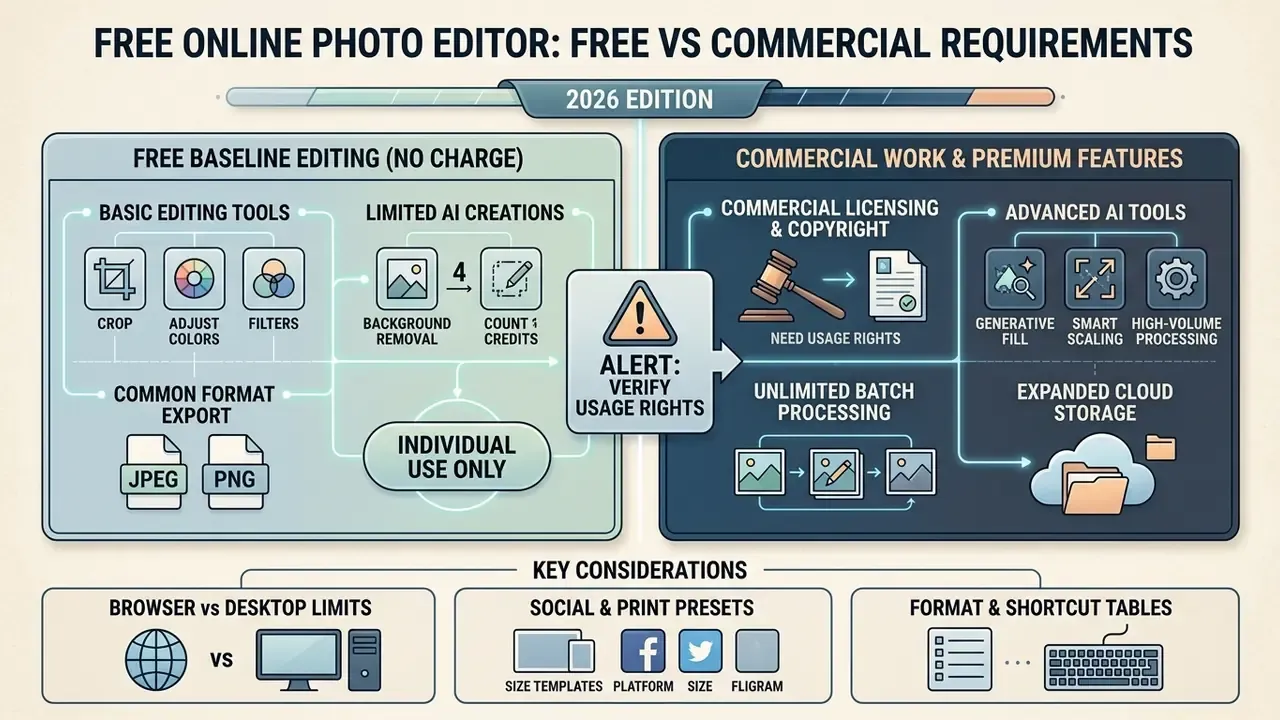 Comparison chart contrasting free baseline editing tools with premium commercial features and requirements