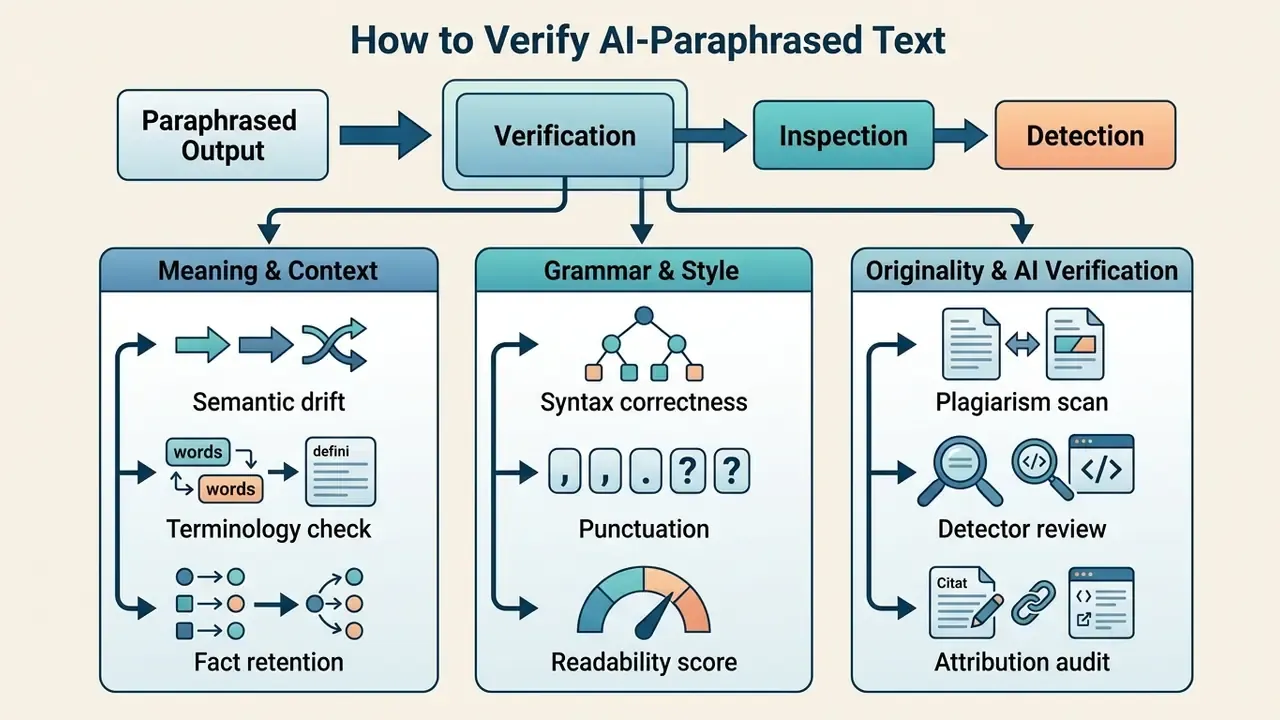 Diagram detailing verification, inspection, and detection steps for checking AI-paraphrased text quality