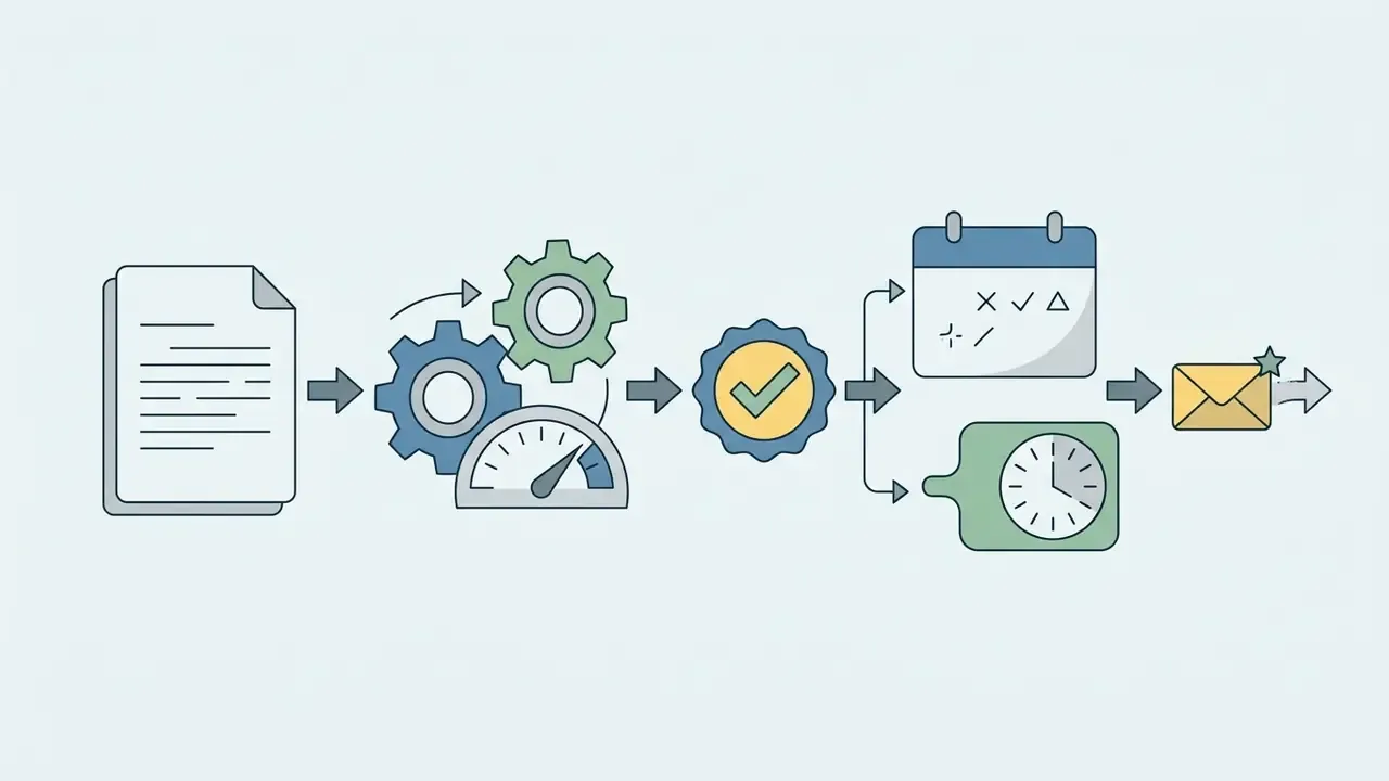 Document feeding into gears and a speed gauge, passing a checkmark to a calendar, clock, and envelope