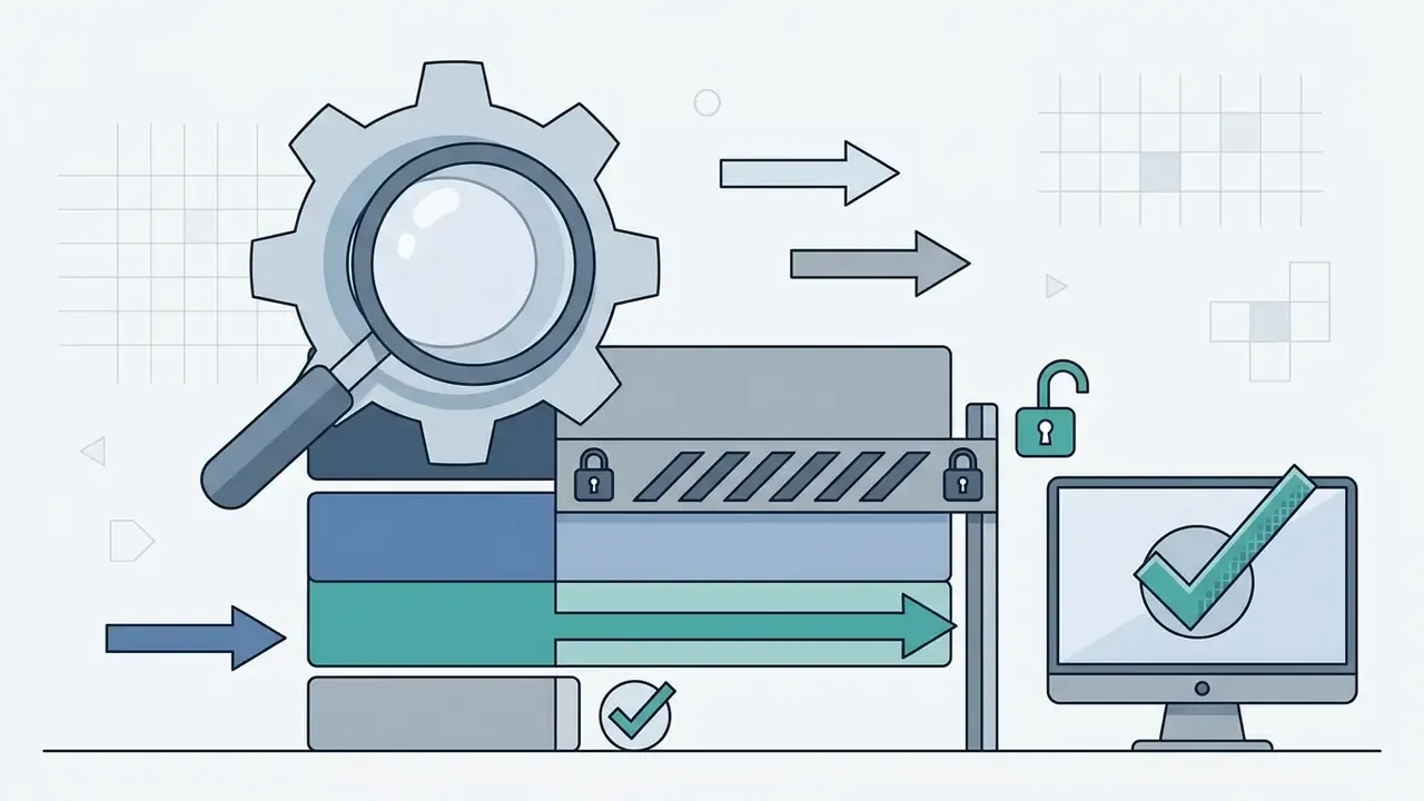Magnifying glass over a gear mechanism inspecting stacked bars leading to an unlocked monitor display