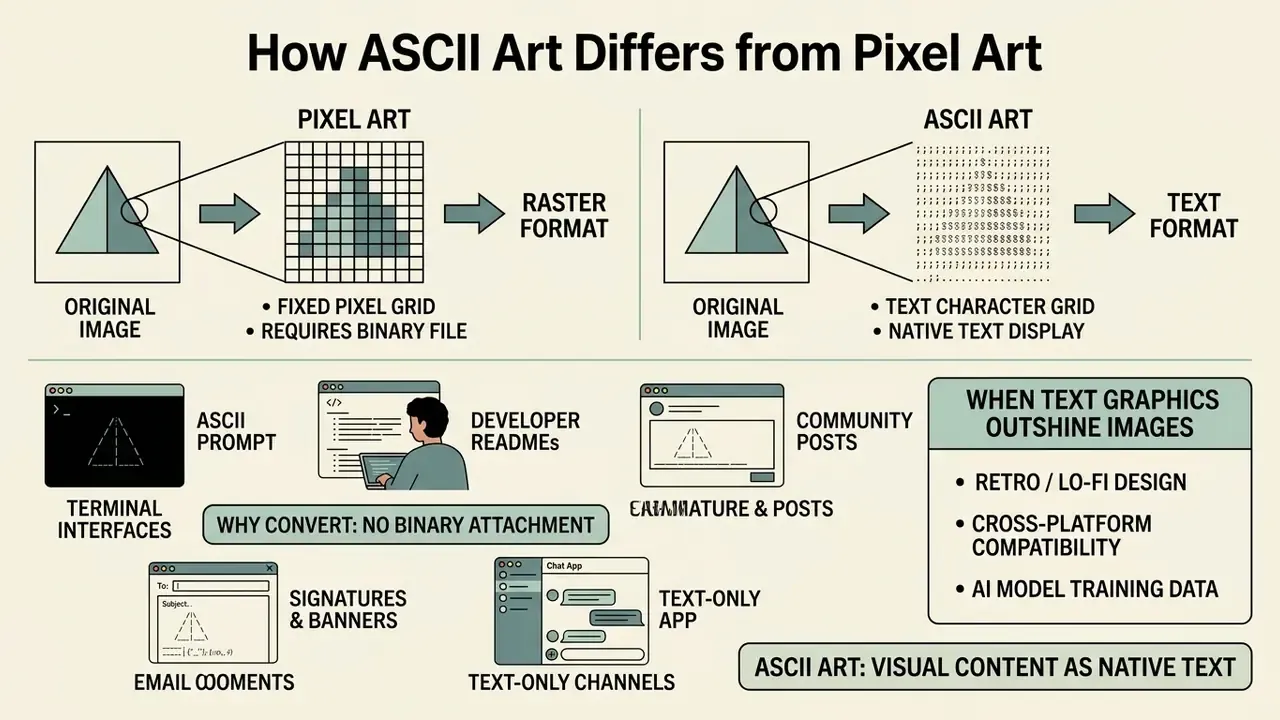 Diagram contrasting pixel and ASCII art formats alongside common use cases for text-based graphics