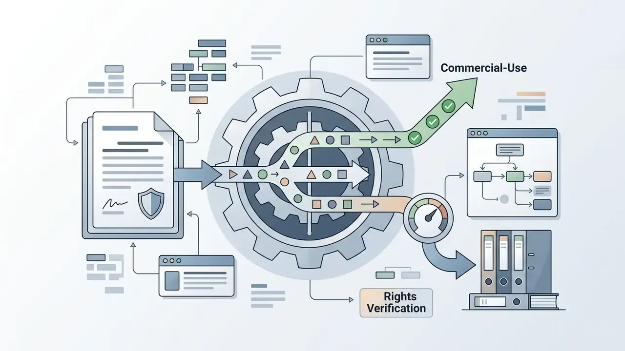 Central gear mechanism processing legal documents into commercial use and rights verification pathways