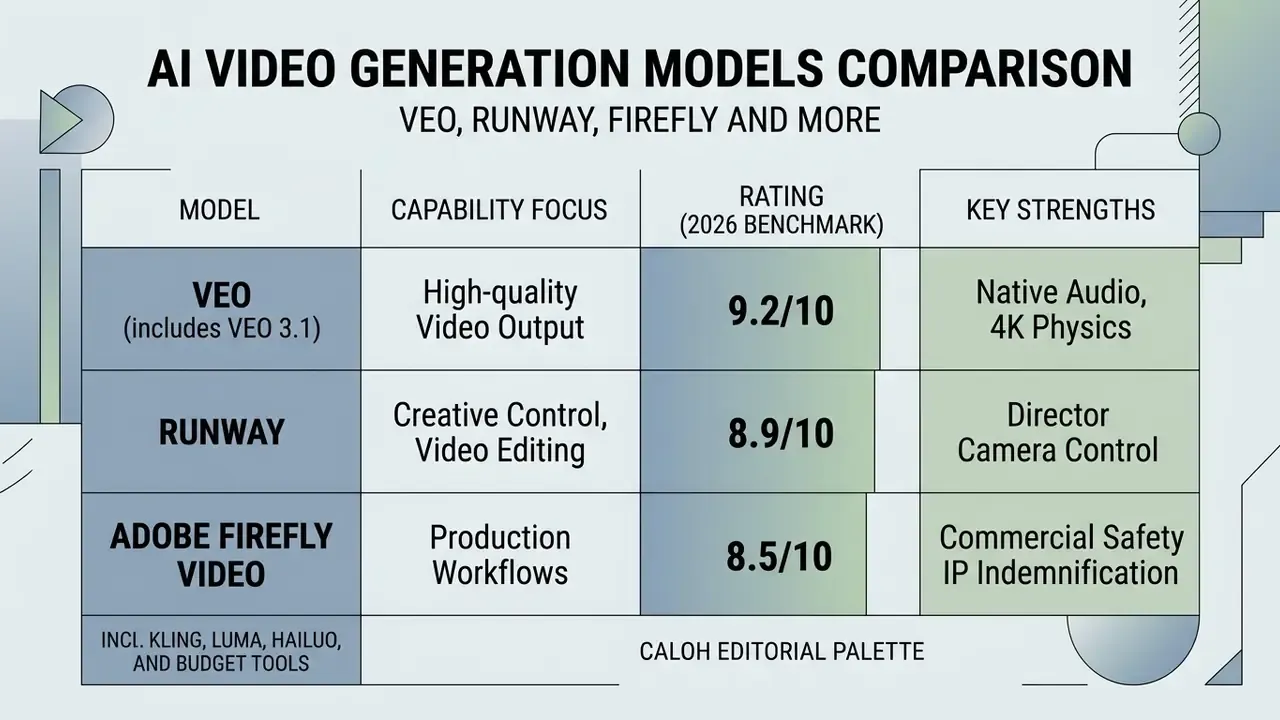 Table evaluating top AI video generators by capability, rating, and key strengths