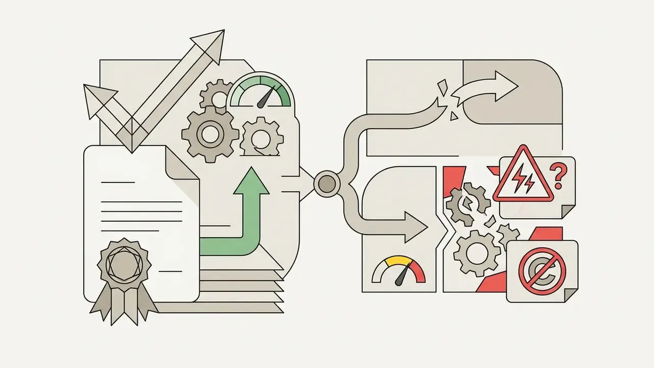 Document with a seal splitting into paths toward a successful outcome and a broken gear with warning icons