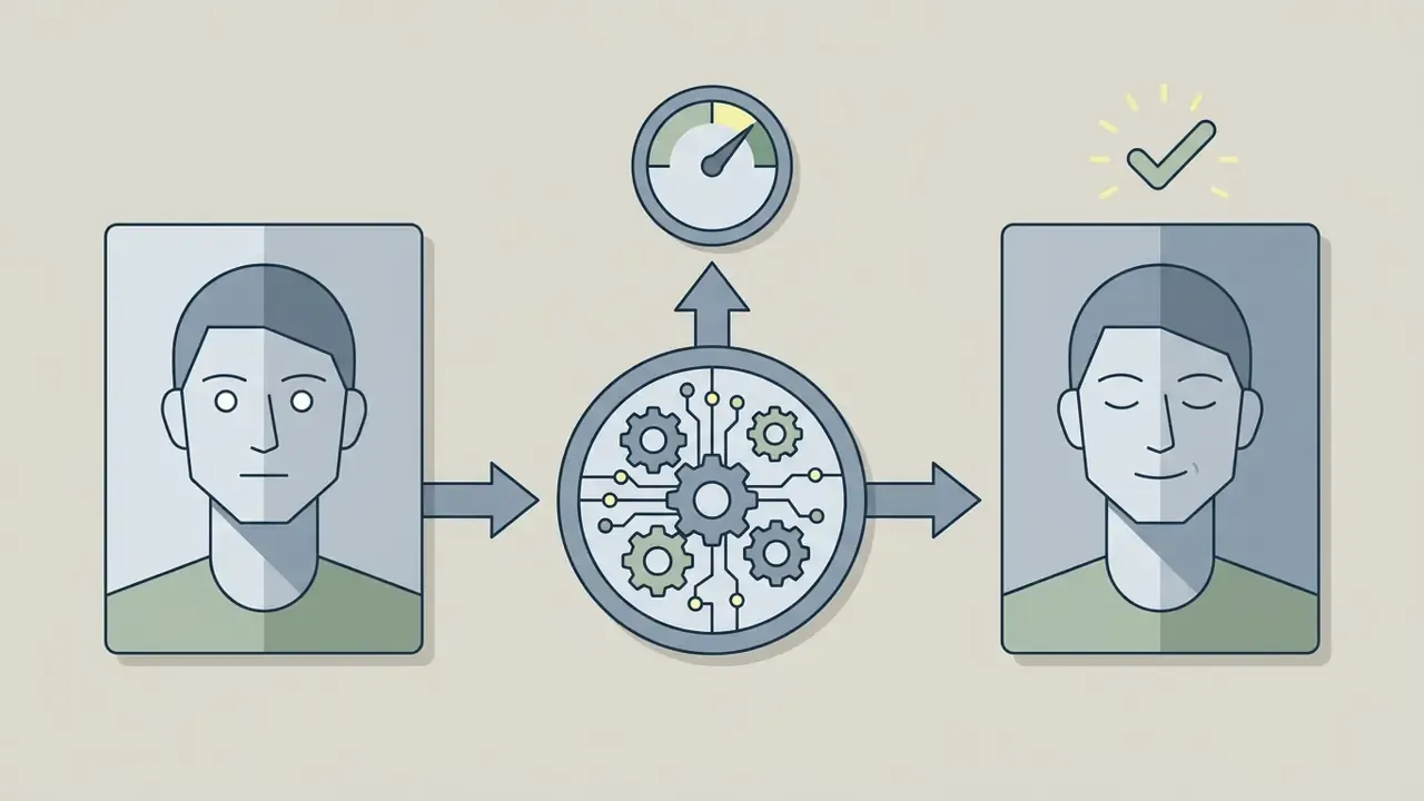 Portrait of a man moving through a central gear process to become an animated version with a smile