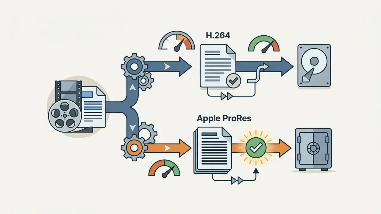 Video files passing through gears to be processed into H.264 or Apple ProRes storage formats