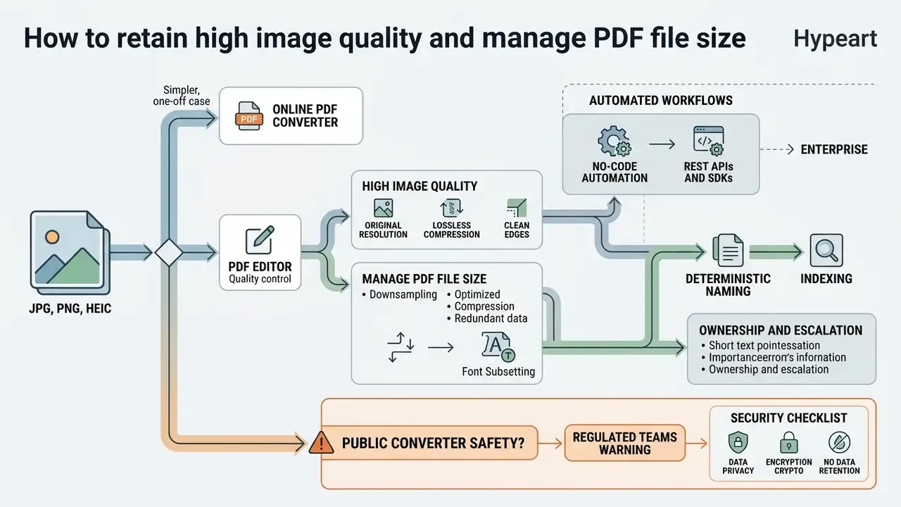 Flowchart comparing online converters, PDF editors, and automated enterprise workflows for image files