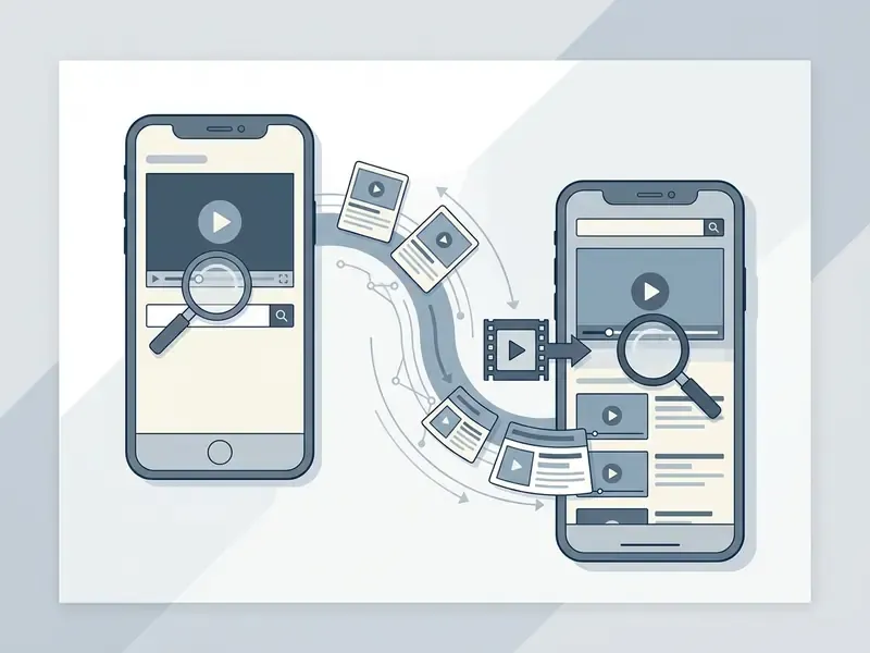 Smartphone screens showing the process of using a magnifying glass to search for video sources
