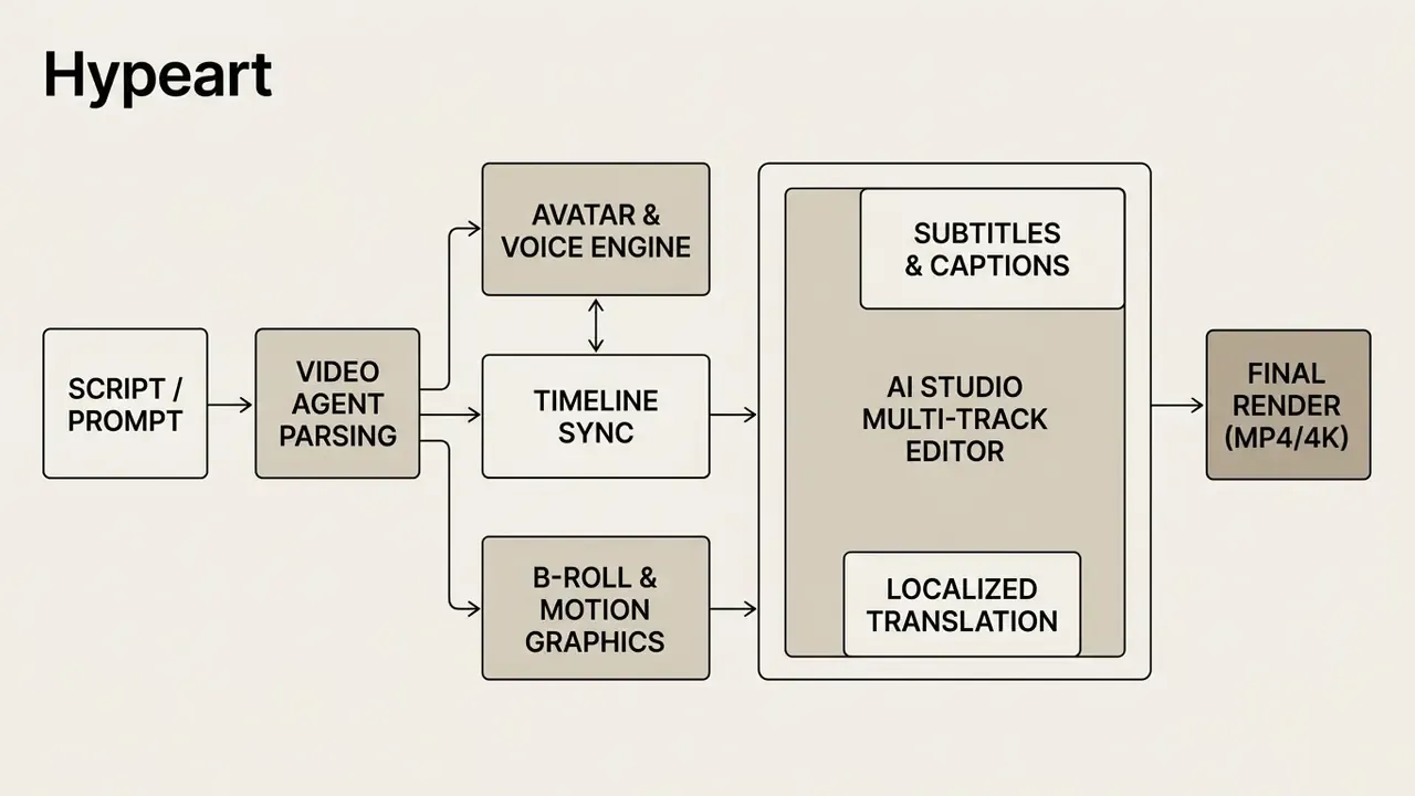 Process map showing how text prompts transform into final video files through various AI production stages