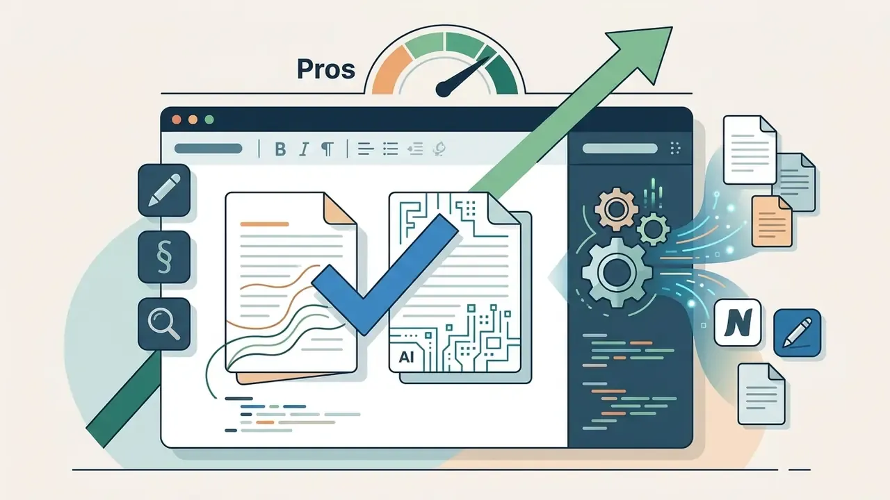 Editor interface showing human and AI drafts with a checkmark, growth arrow, and integration icons