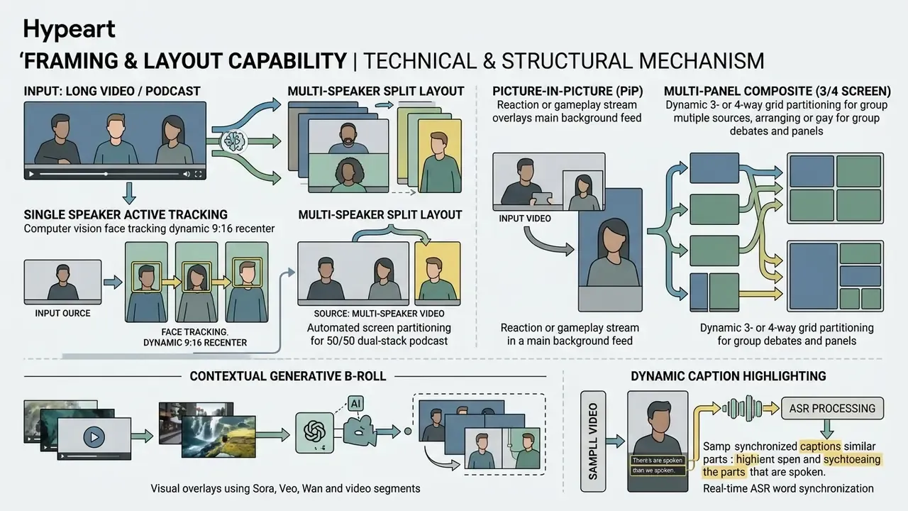 Diagram illustrating automated video reframing techniques like split layouts, PiP, and generative B-roll