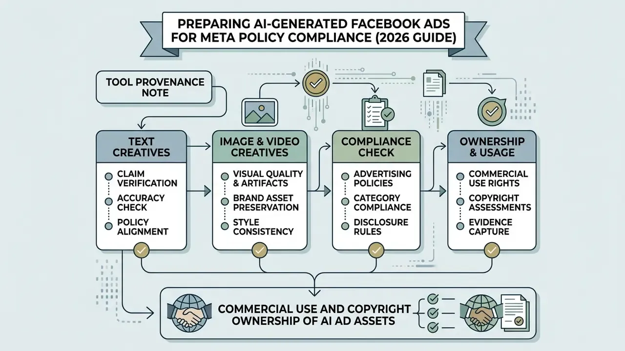 Steps for reviewing AI ad assets including text verification, visual quality checks, and compliance audits