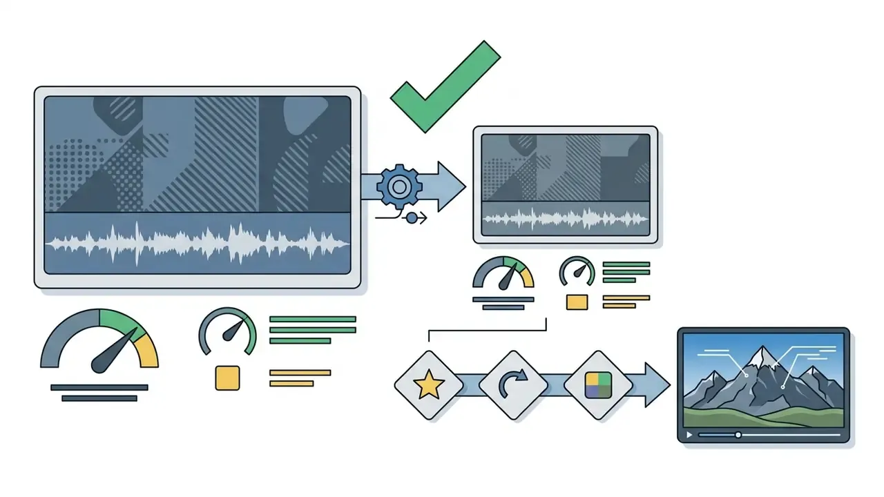 Large video frame being downscaled through a gear icon to a smaller proxy file with matched metadata