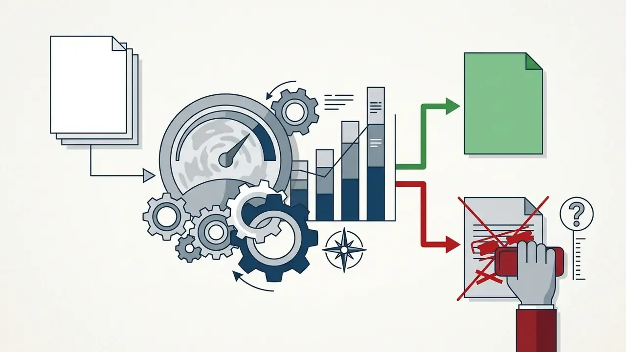 Documents passing through a gear processor and charts to be sorted into approved or redacted categories
