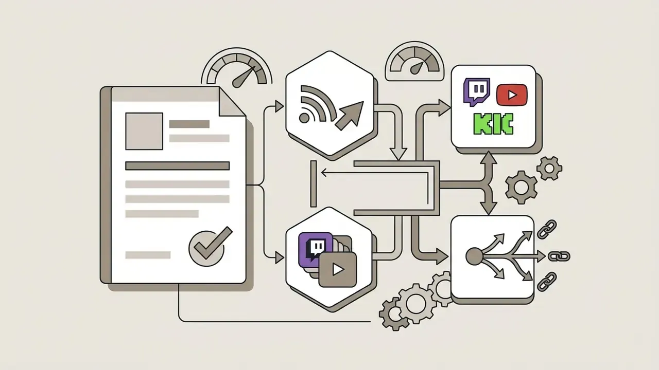 Flowchart connecting profile data to streaming platform icons and social link aggregator tools
