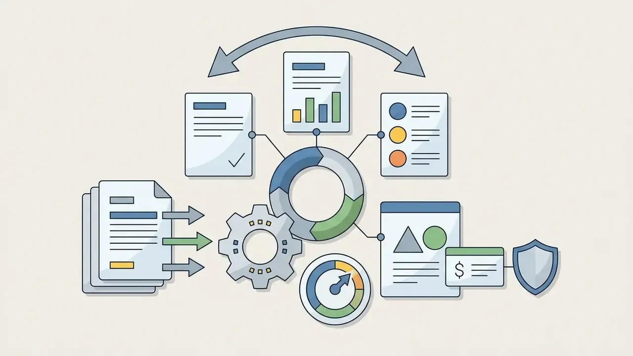 Documents and icons for design features, pricing, and licensing connected by a gear and a process cycle