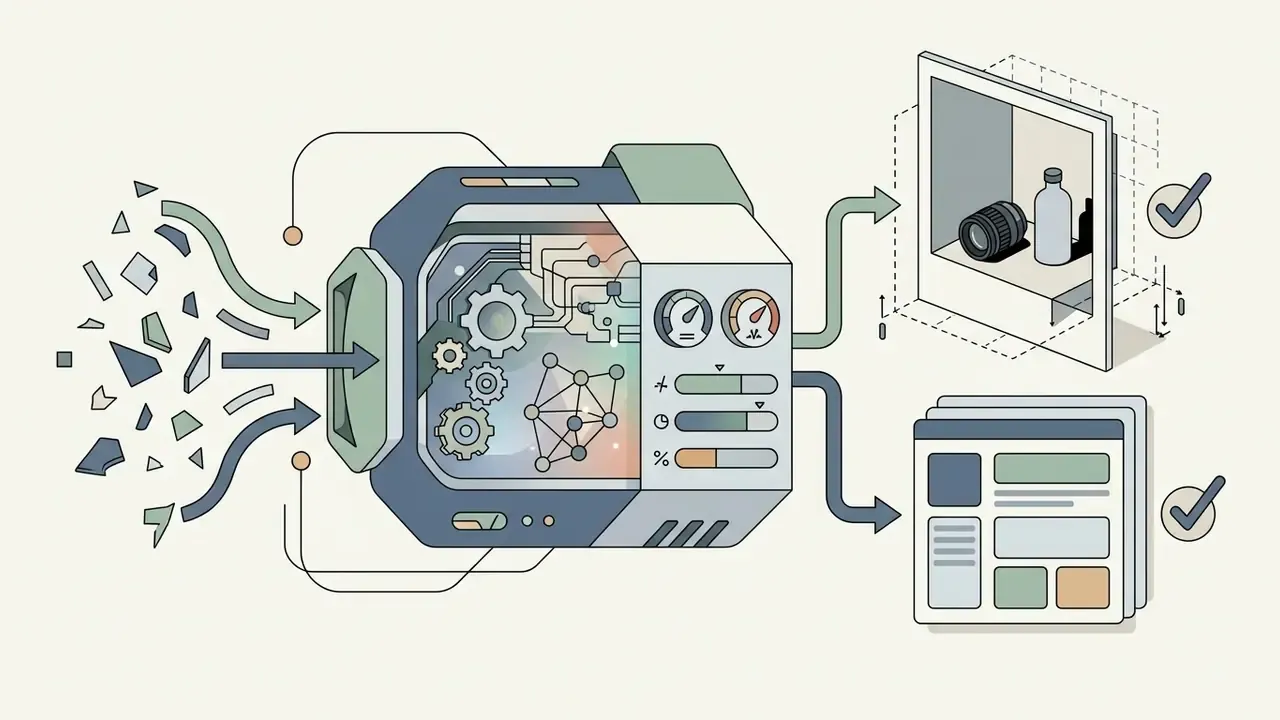 Mechanical processor transforming scattered shapes into photorealistic product images and web layouts