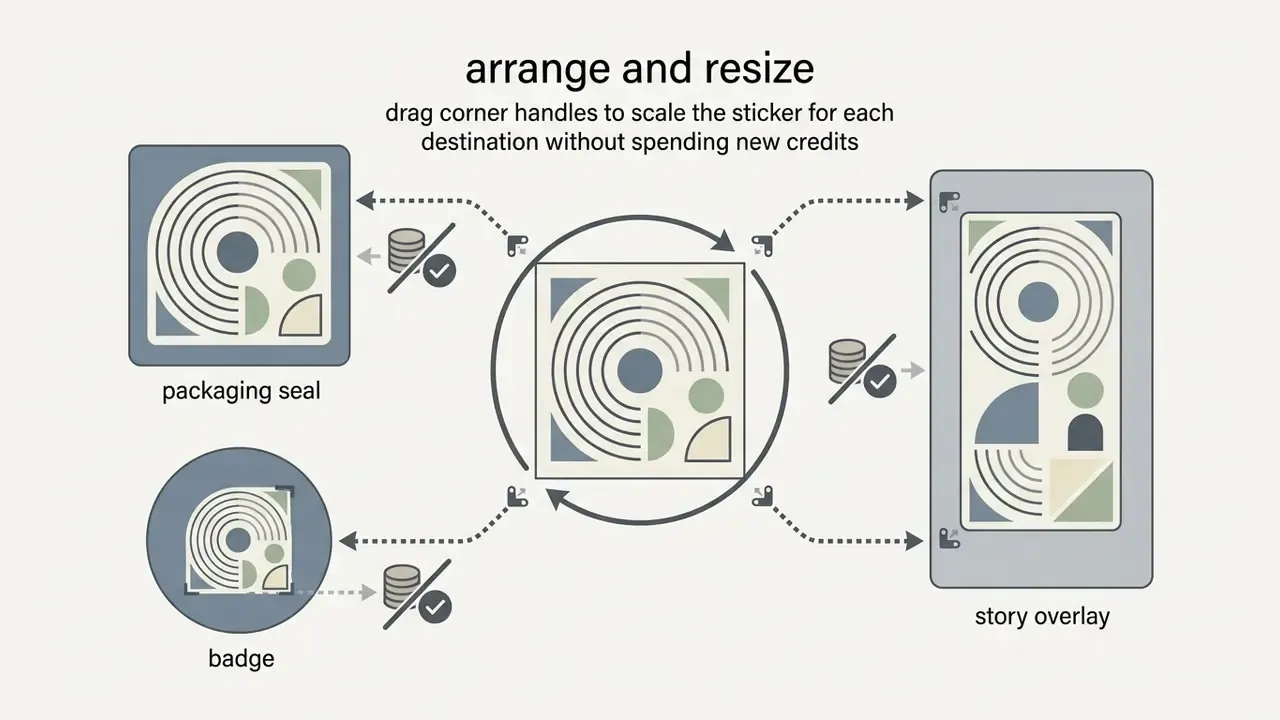 Diagram showing how to resize a central sticker design for different formats without using more credits