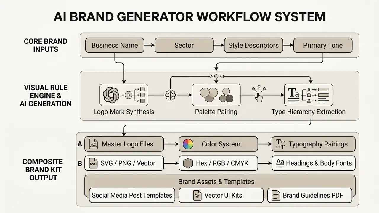 Flowchart detailing the three stages of an AI brand generator process from inputs to output assets