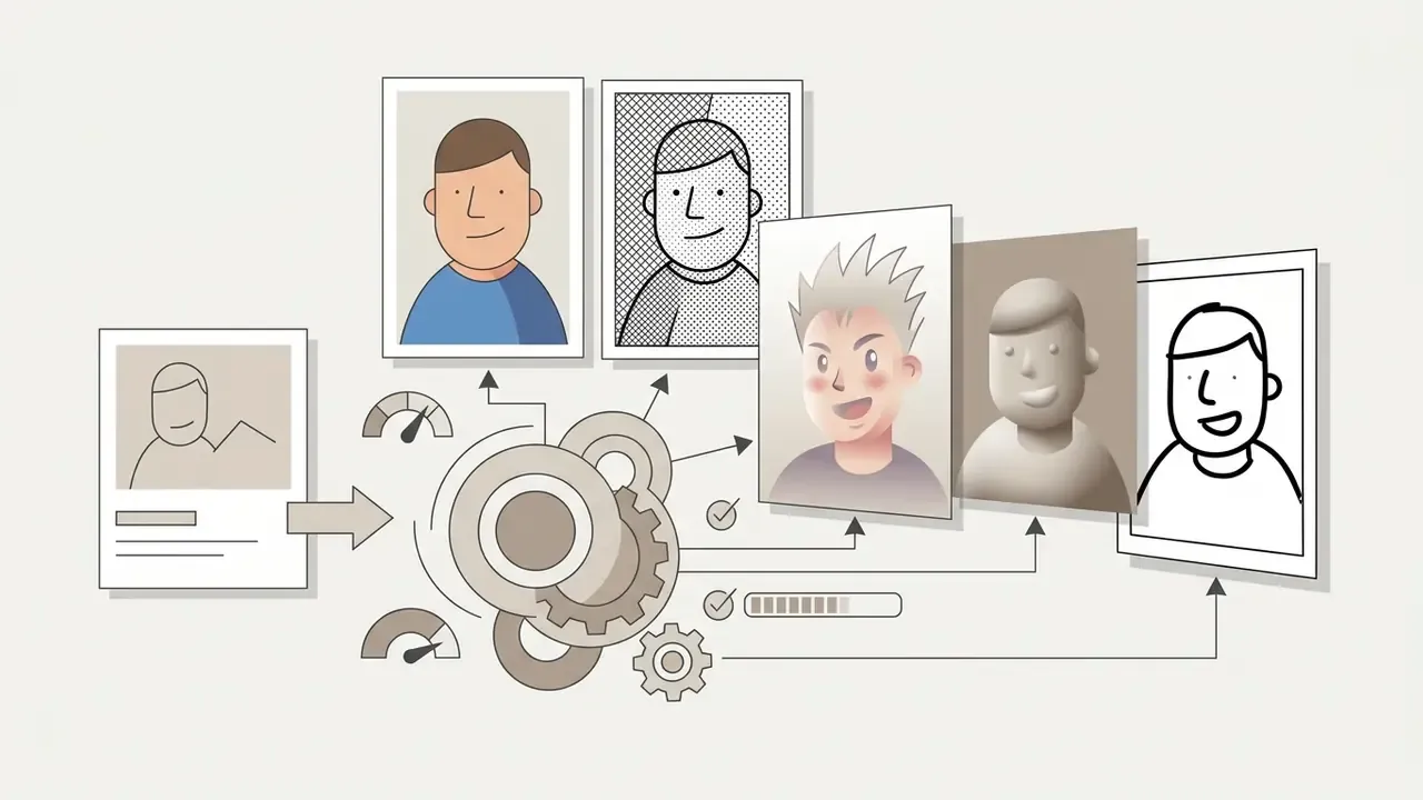 Gear system transforming a single portrait into various stylized cartoon and animation visual presets