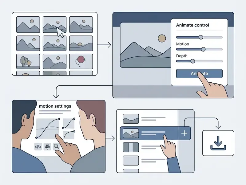 Interface steps for selecting images, adjusting motion settings, and downloading animated results