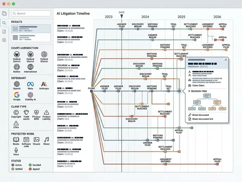 Interactive dashboard mapping AI litigation cases across a multi-year procedural timeline