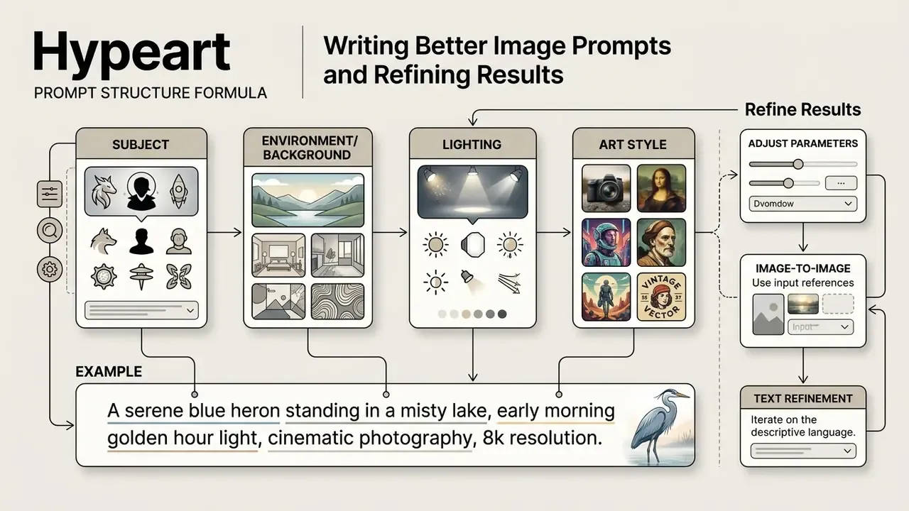 Formula for building AI art prompts using subject, environment, lighting, and style categories